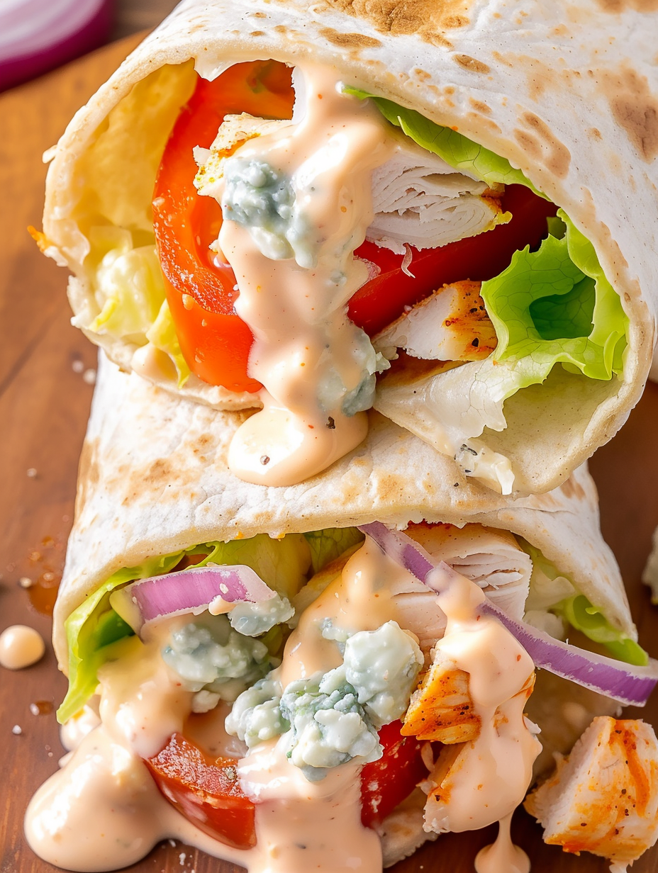 Assembled Buffalo chicken wraps on a board