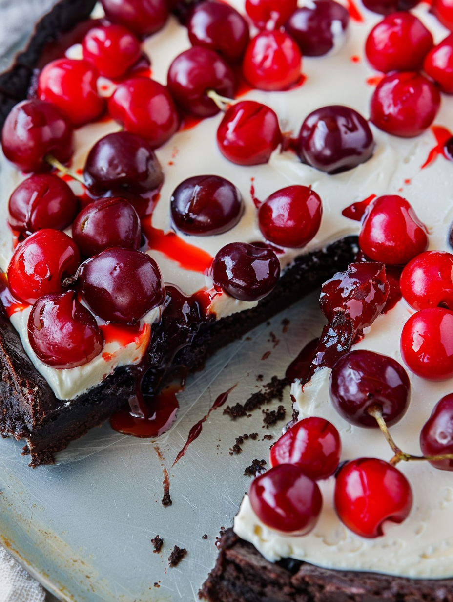 Chocolate Cherry Brownie Dessert Pizza cooling on rack
