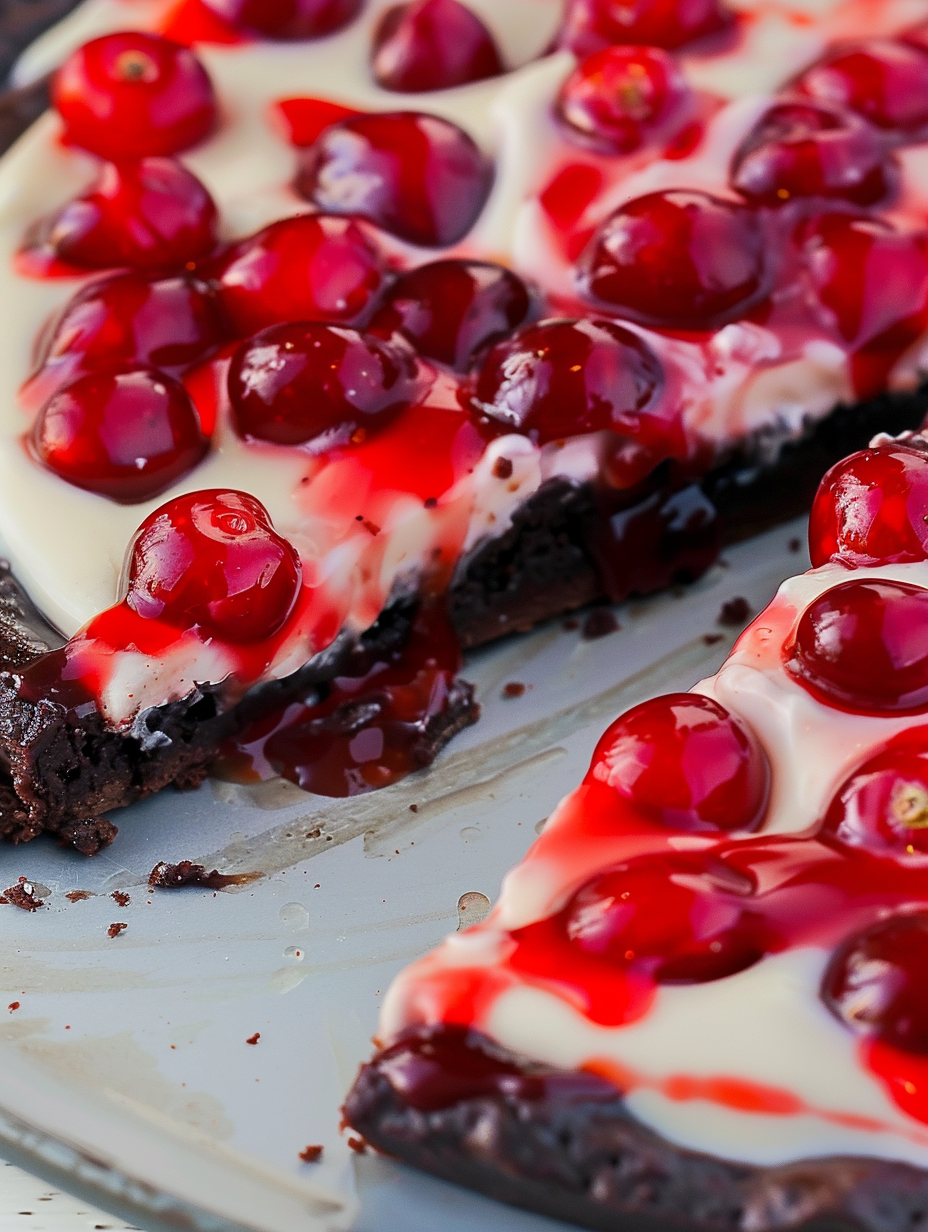 Slice of chocolate cherry brownie pizza on plate