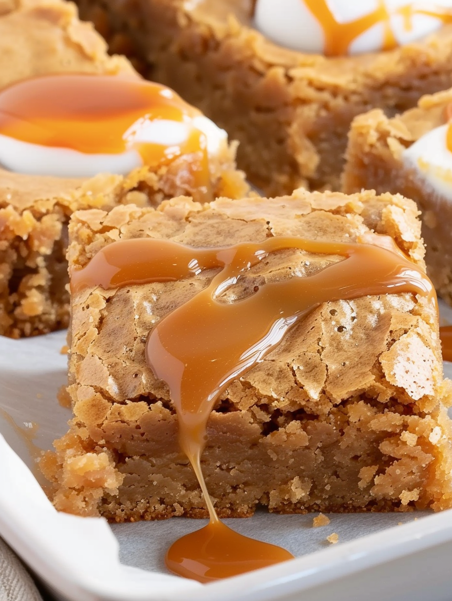 Butterscotch brownies fresh from the oven with a shiny cracked top