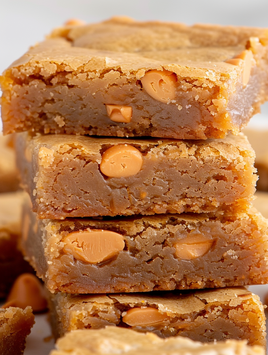 Stack of butterscotch brownie squares on a plate