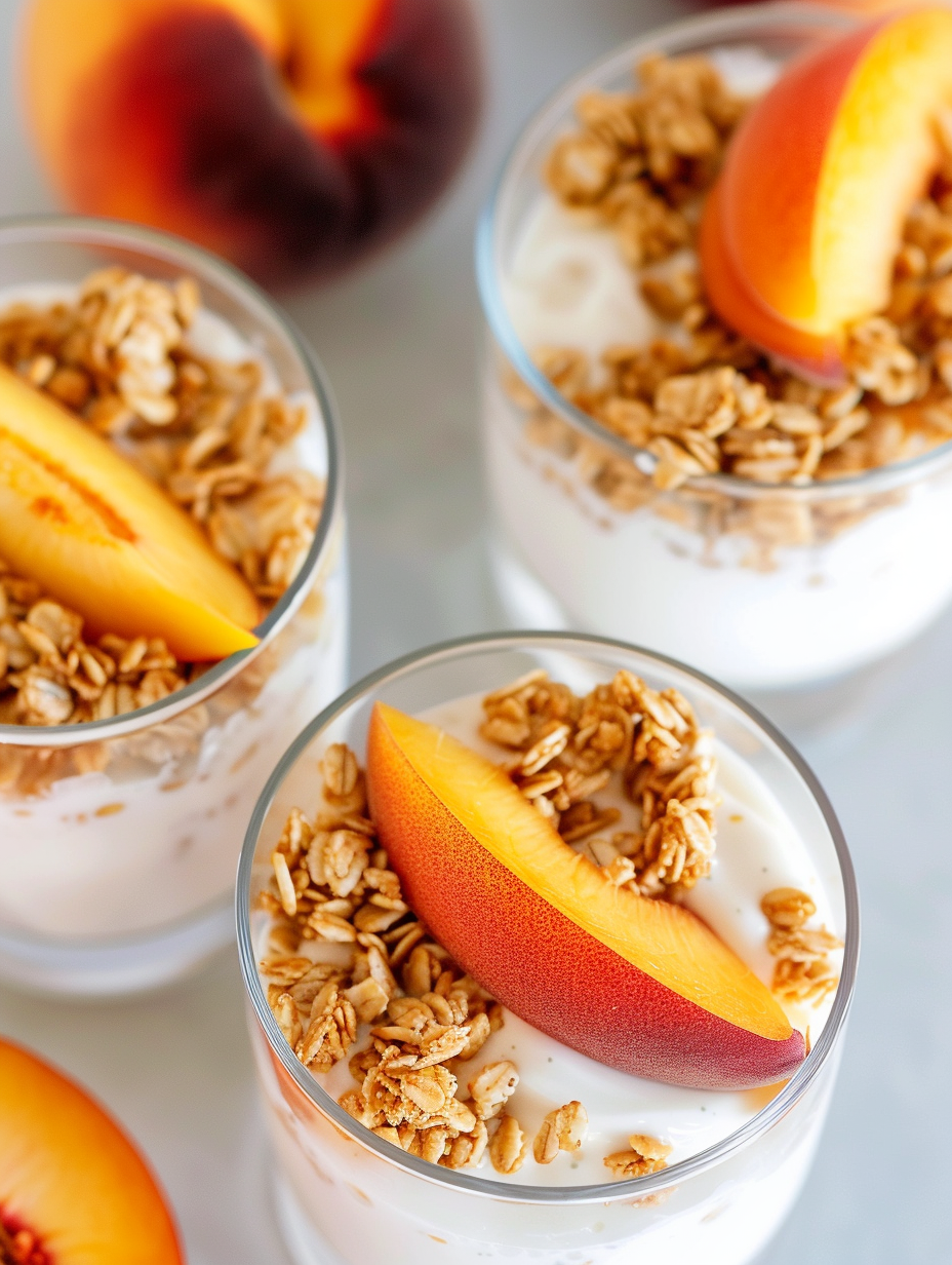 Parfait layered in clear glasses with peach cubes and granola