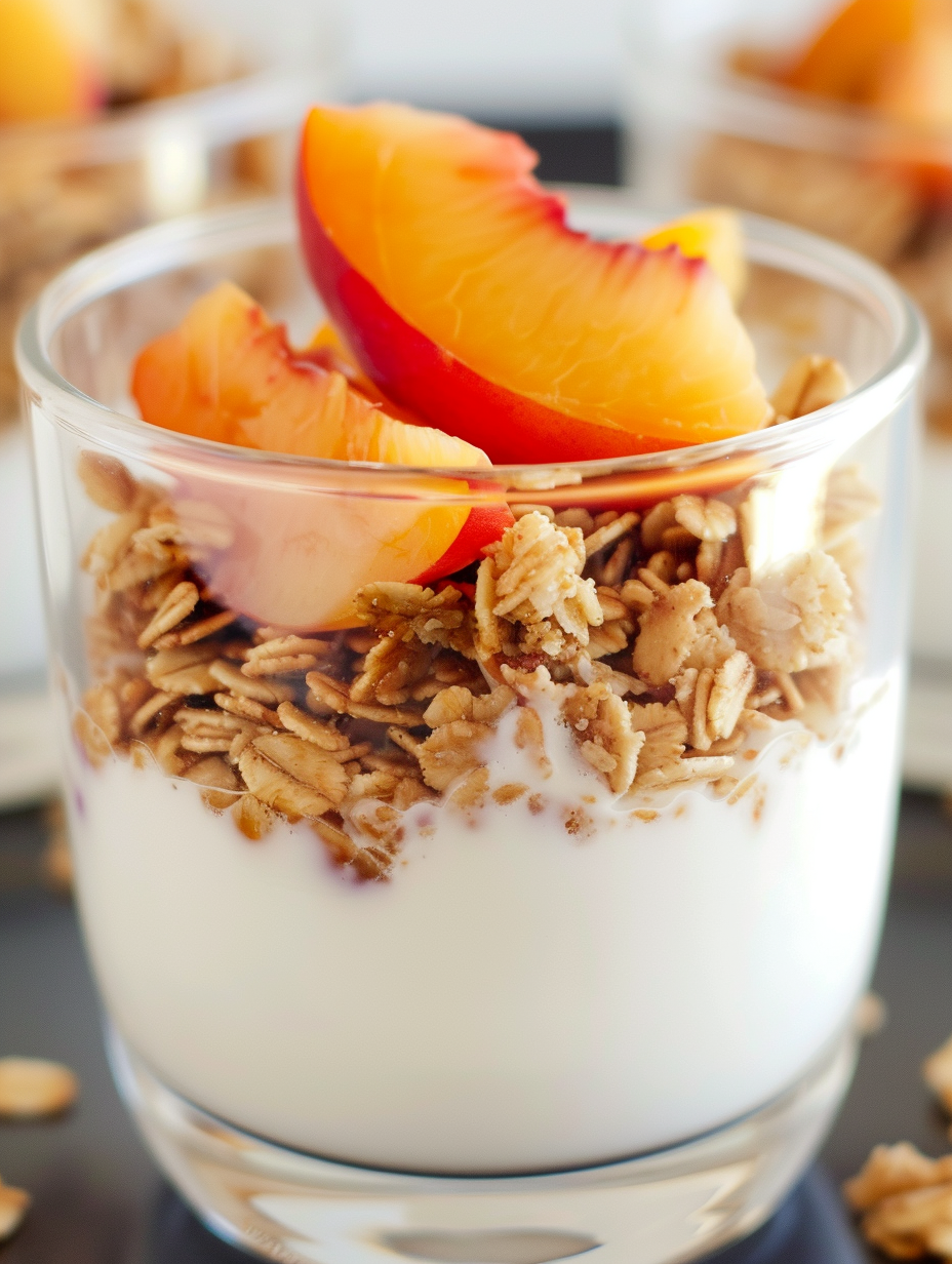 Close up of peach cubes and granola topping a yogurt layer