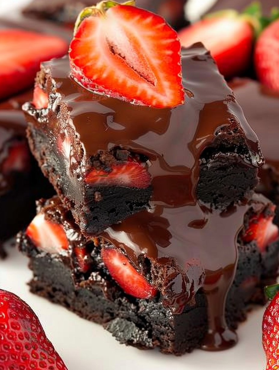 Fresh strawberries arranged on brownies before ganache