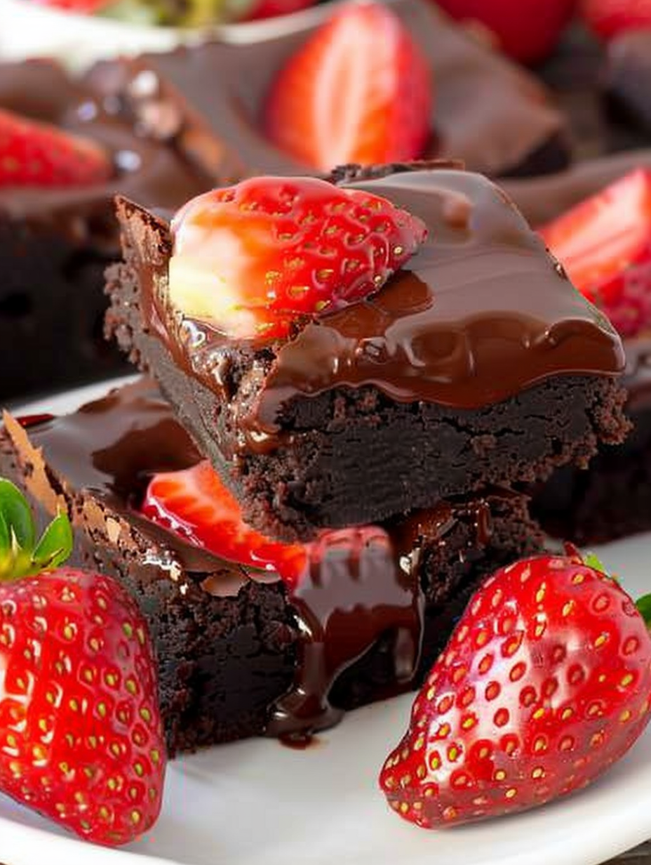 Finished chocolate covered strawberry brownies on a serving plate