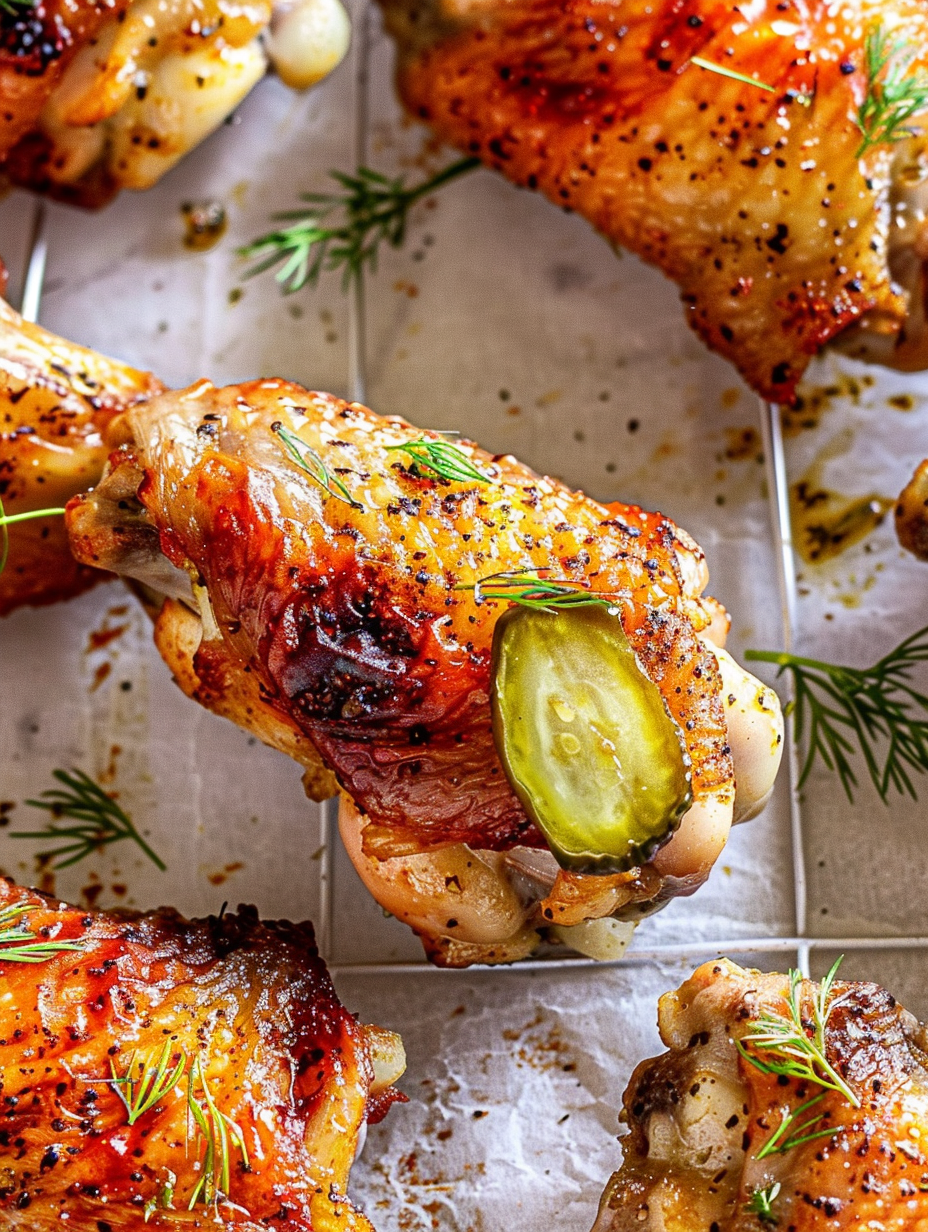 Dill pickle chicken wings on a cooling rack golden and crispy