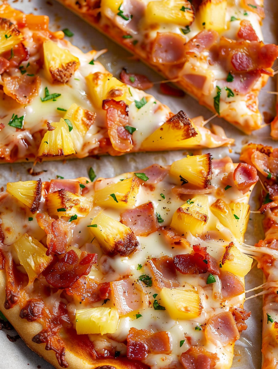 Hawaiian Pizza topped with ham, pineapple, and bacon