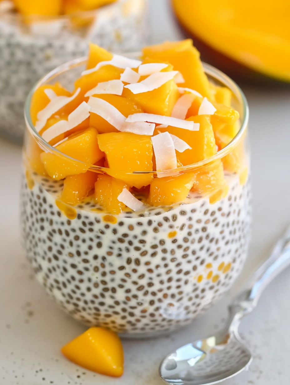 Layered mango coconut chia parfait in a clear glass with shredded coconut on top
