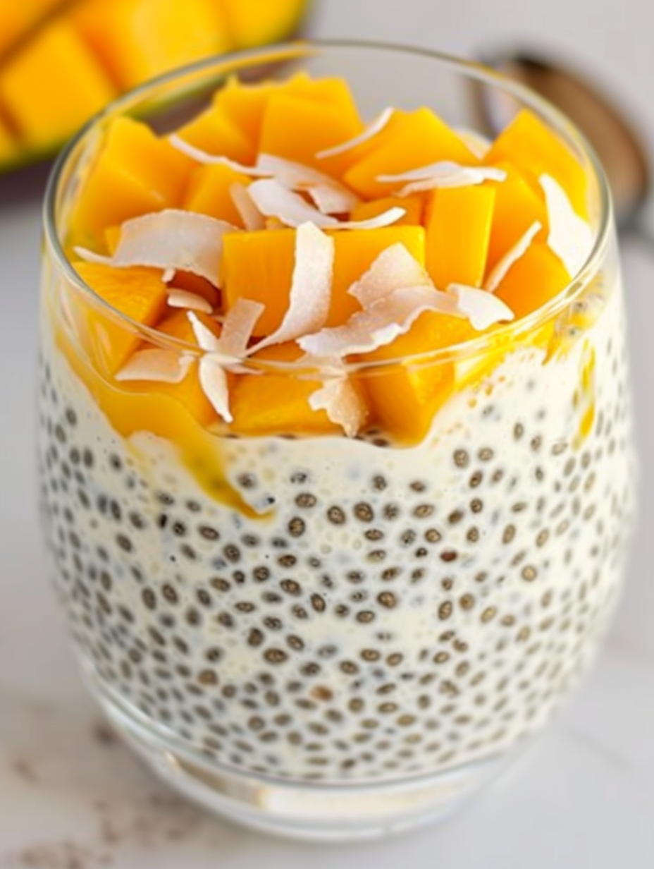 Close up of mango cubes and coconut flakes beside a chia parfait