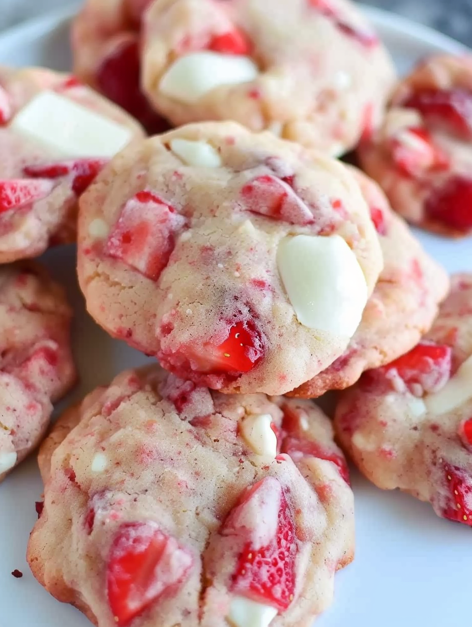 Close-up of a cookie with a strawberry piece visible