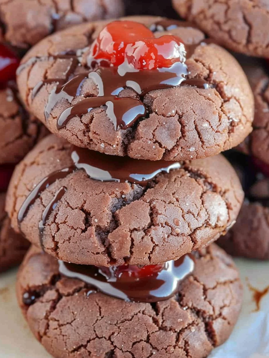 Baked cherry chocolate cookies on parchment