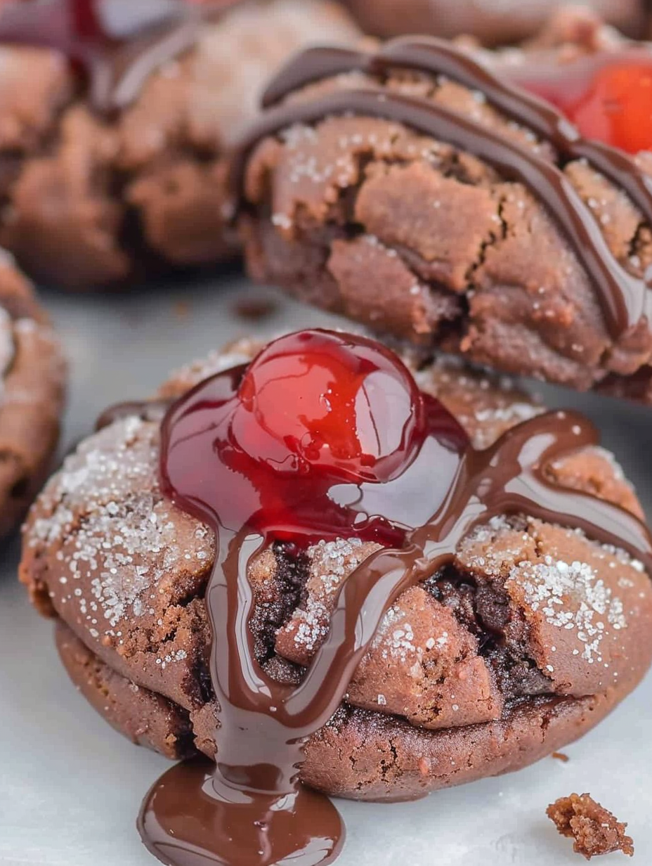 Close-up of cherry in cookie well with chocolate drizzle