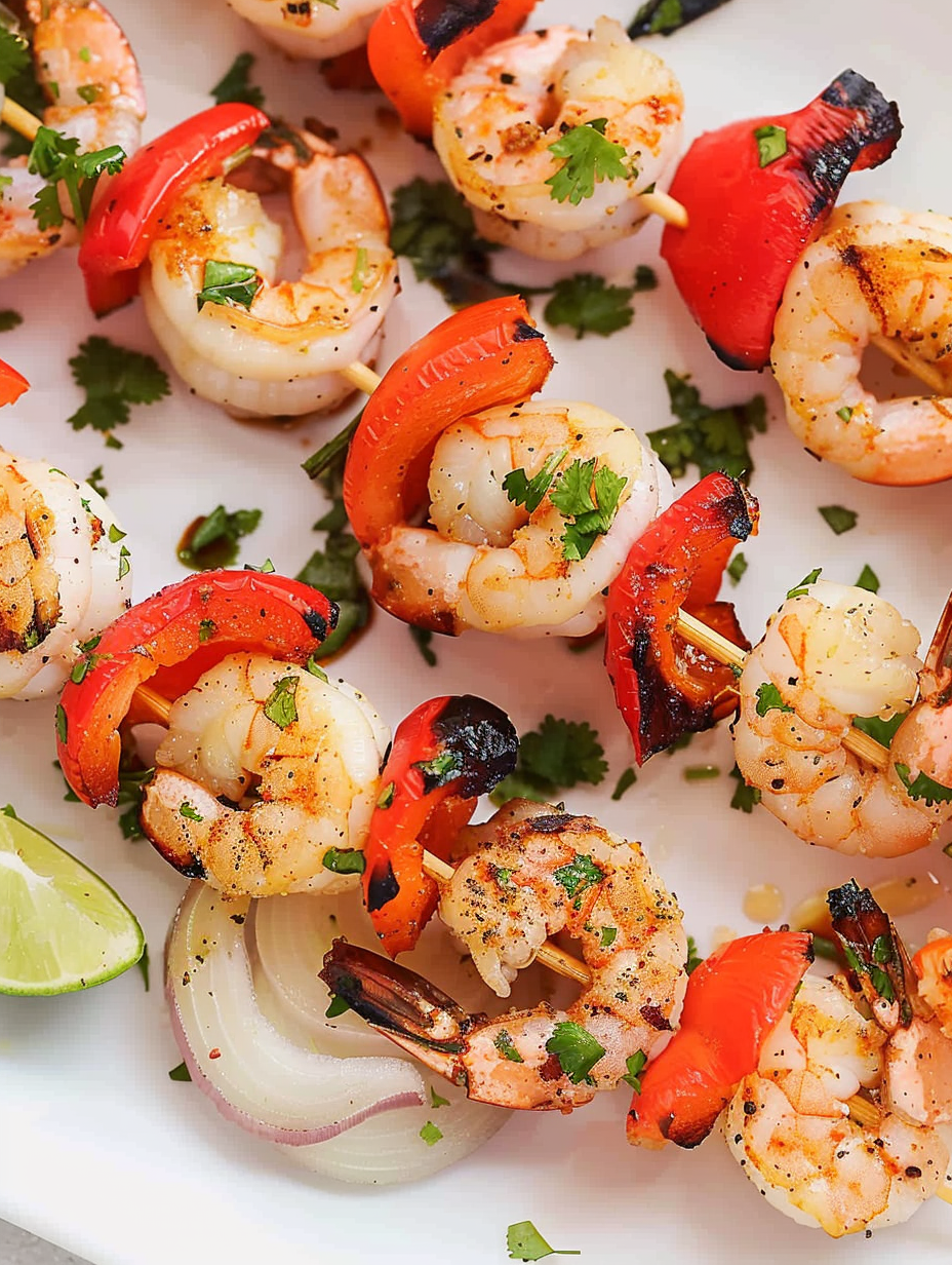 Brochetas de Camarón on a grill pan with lime