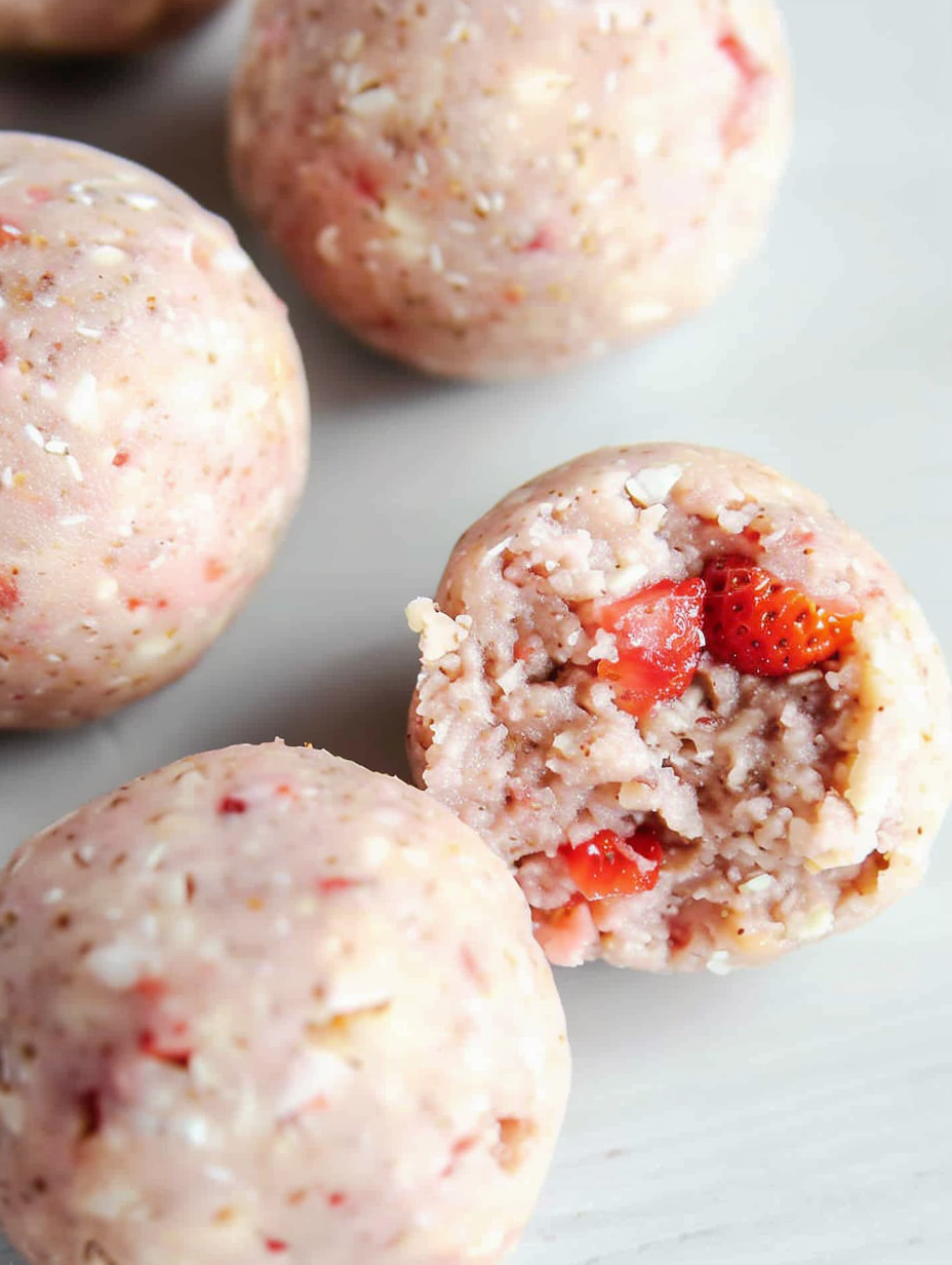 Three strawberry protein balls on a small plate