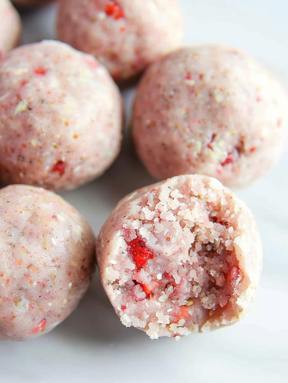 Close-up of a single strawberry protein ball on parchment