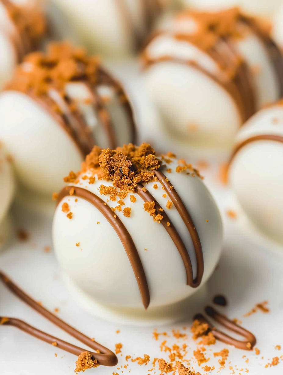 Close-up of a Biscoff truffle with drizzle and crumbs