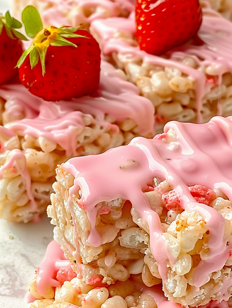 Strawberry Rice Krispy Treats in a pan with pink drizzle