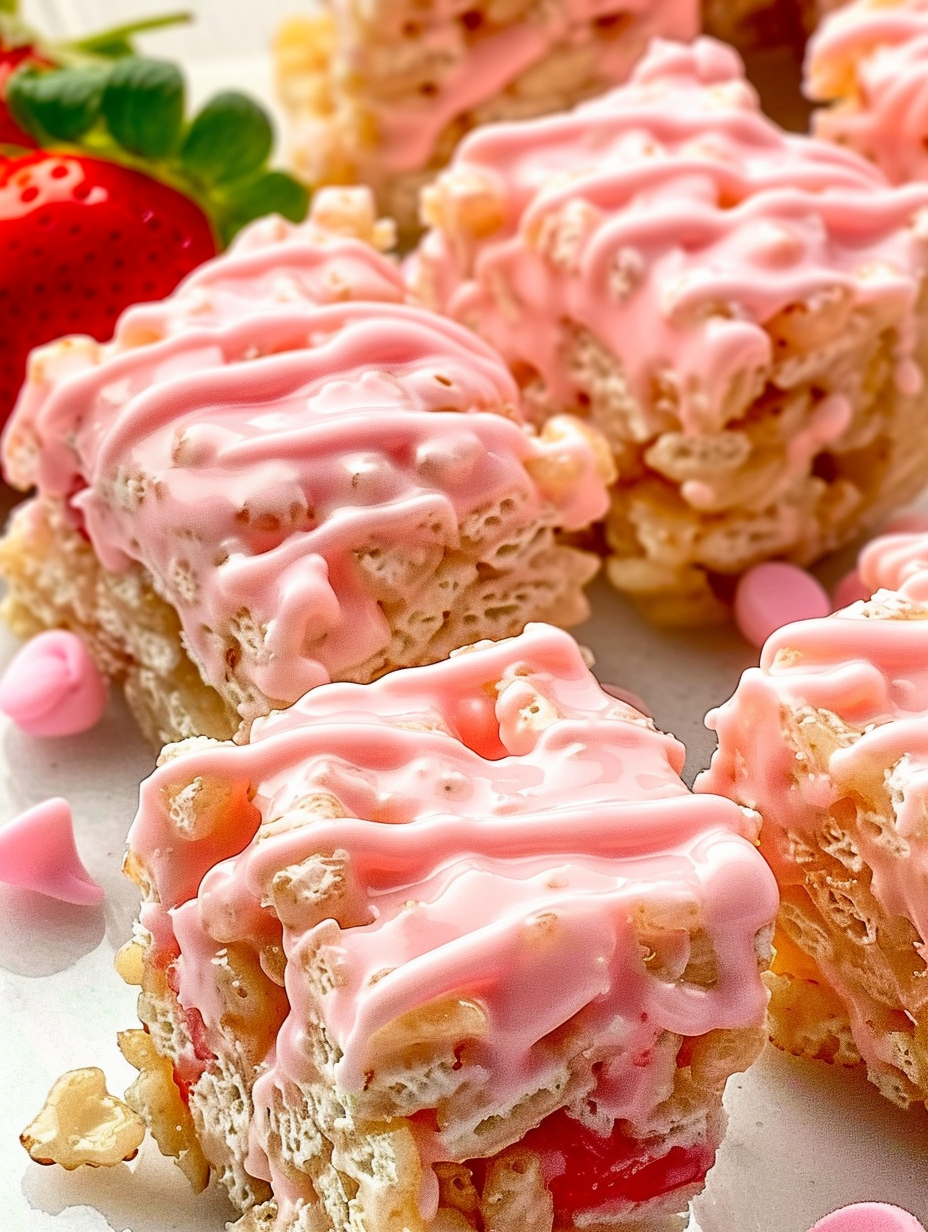Close-up of strawberry powder and white chocolate drizzle