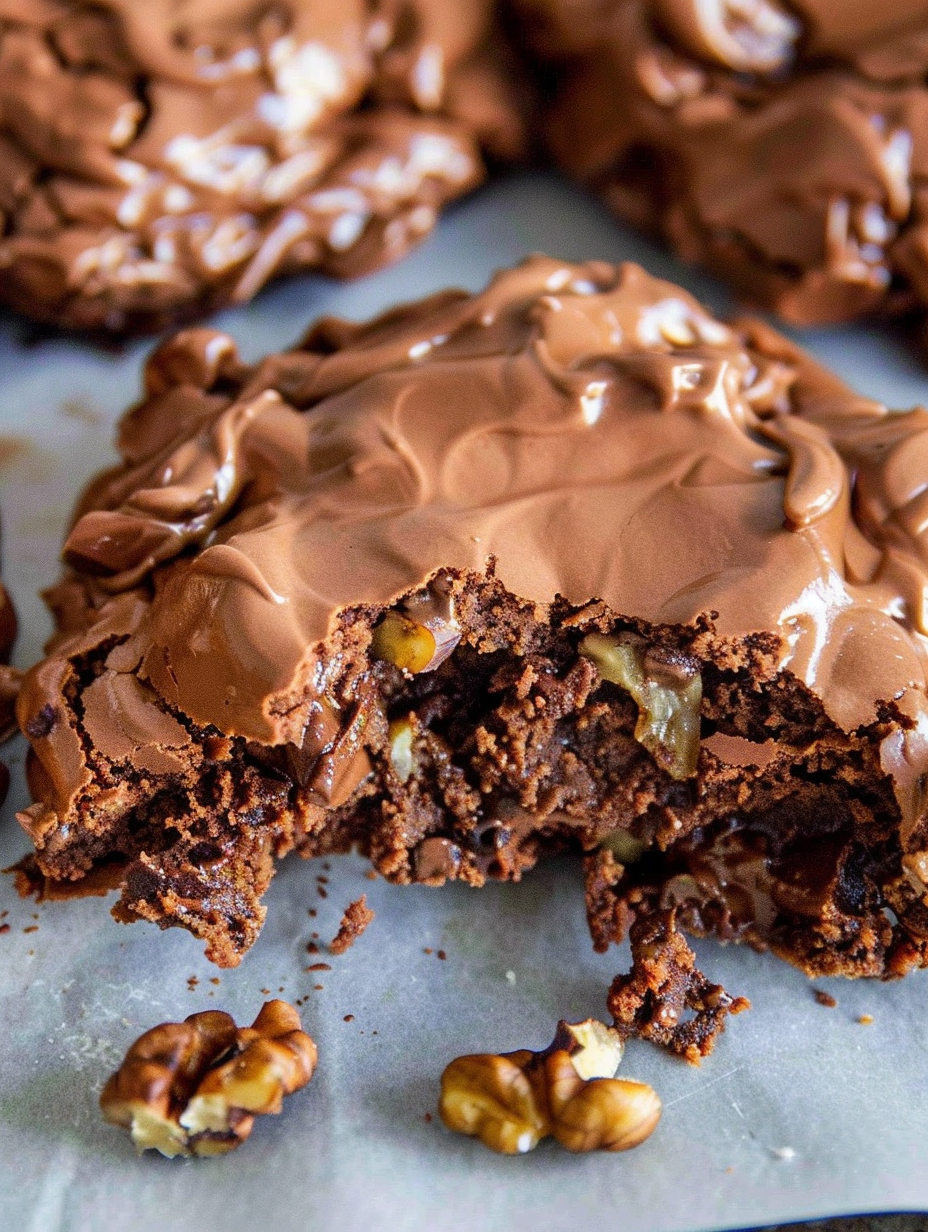 Close up of the interior of a chocolate walnut meringue