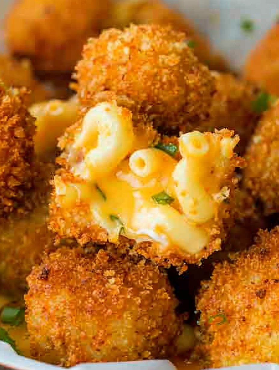 Golden fried mac and cheese bites cooling on a rack