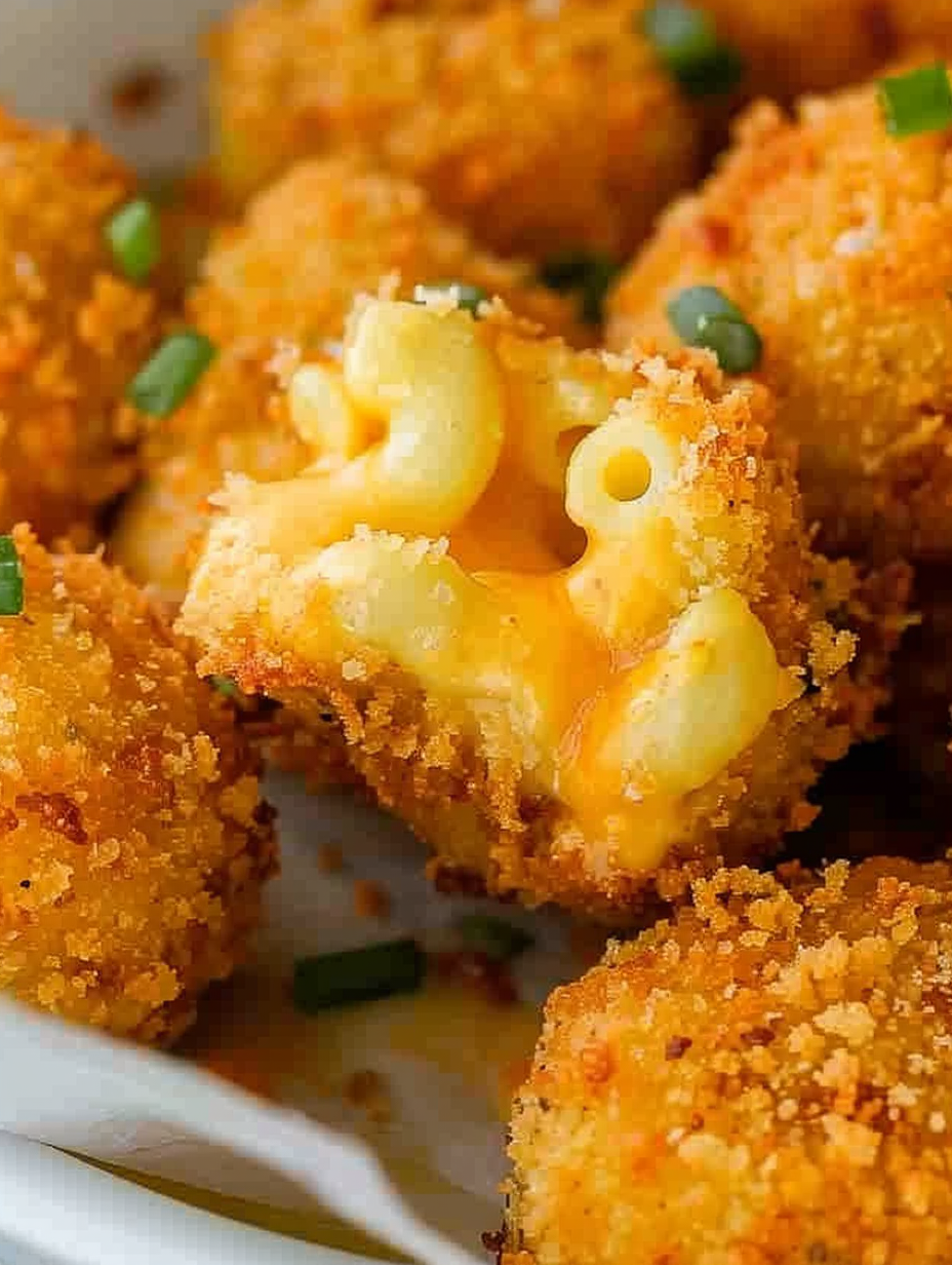 Cut mac and cheese cubes ready for breading