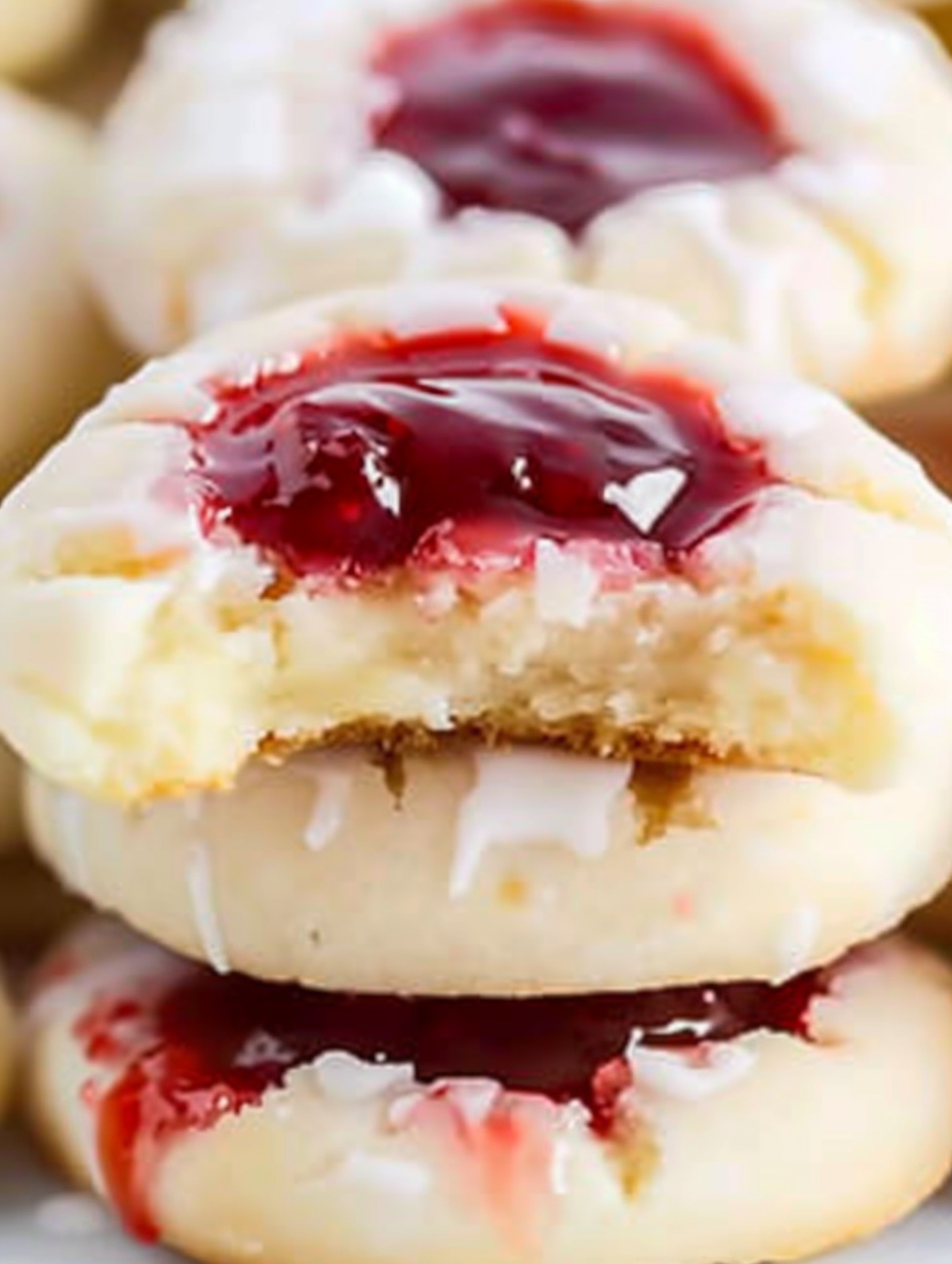 Glazed strawberry thumbprint cookies arranged on a rack