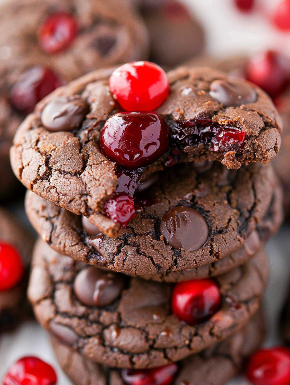 Black Forest cookie on a baking tray with cherries and chips