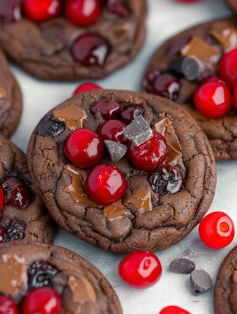 Close-up of a broken Black Forest cookie showing cherry and chocolate