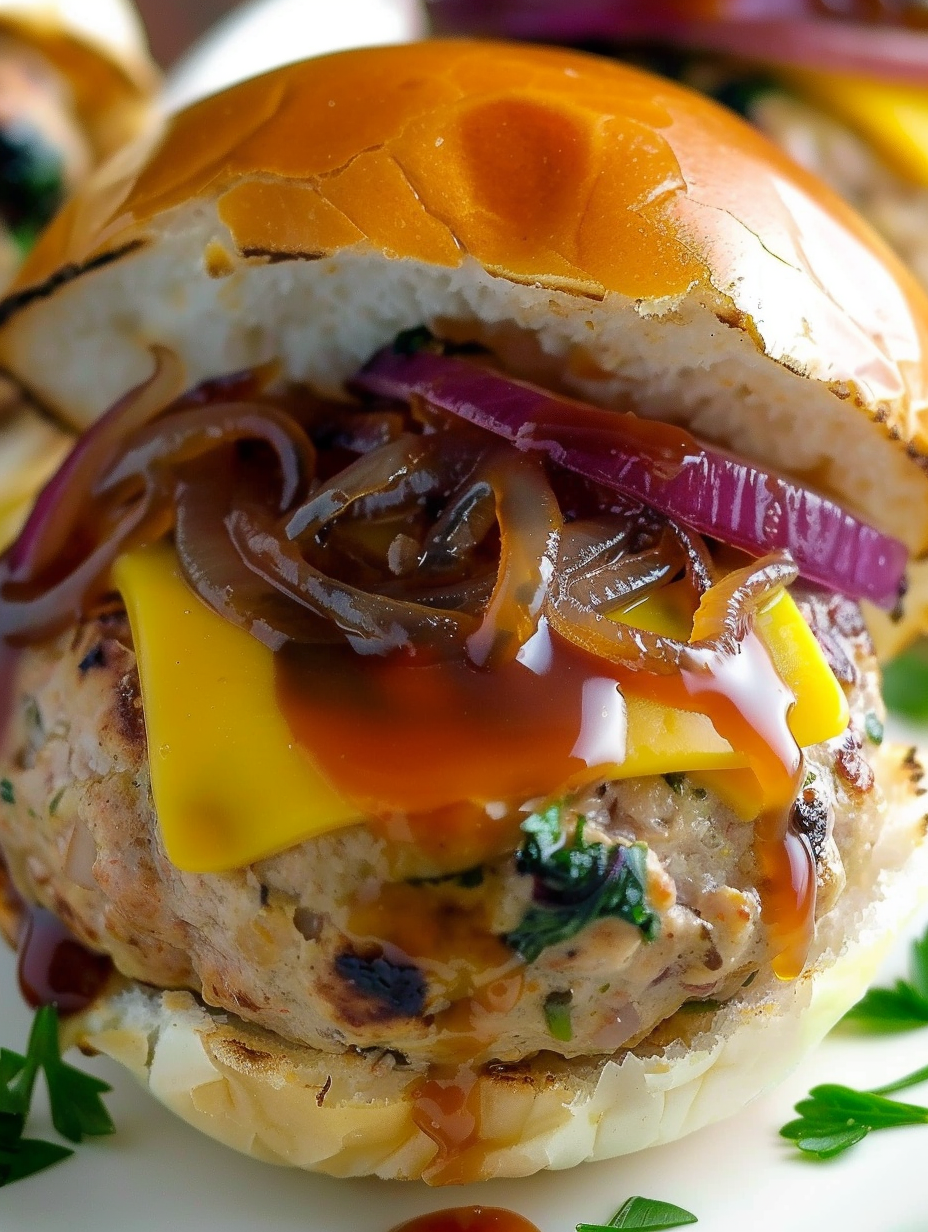 Double cheddar stuffed turkey burger with caramelized onions