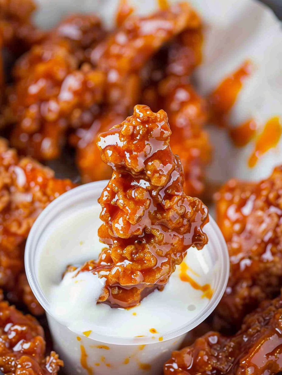 Crispy buffalo chicken tenders on a wire rack