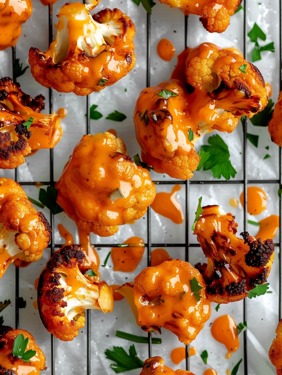 Baked buffalo cauliflower wings on a parchment-lined sheet