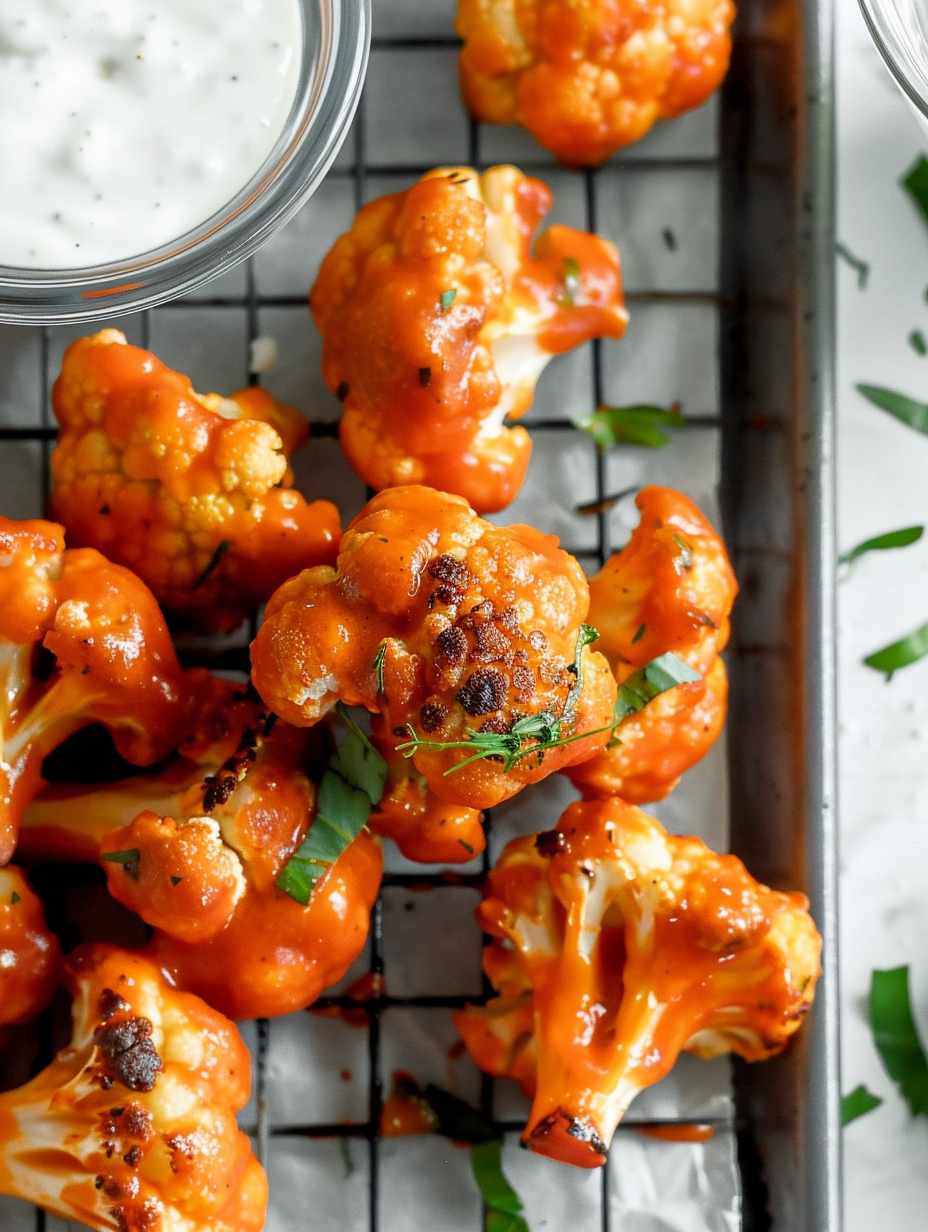 Close-up of buffalo cauliflower wings tossed in sauce