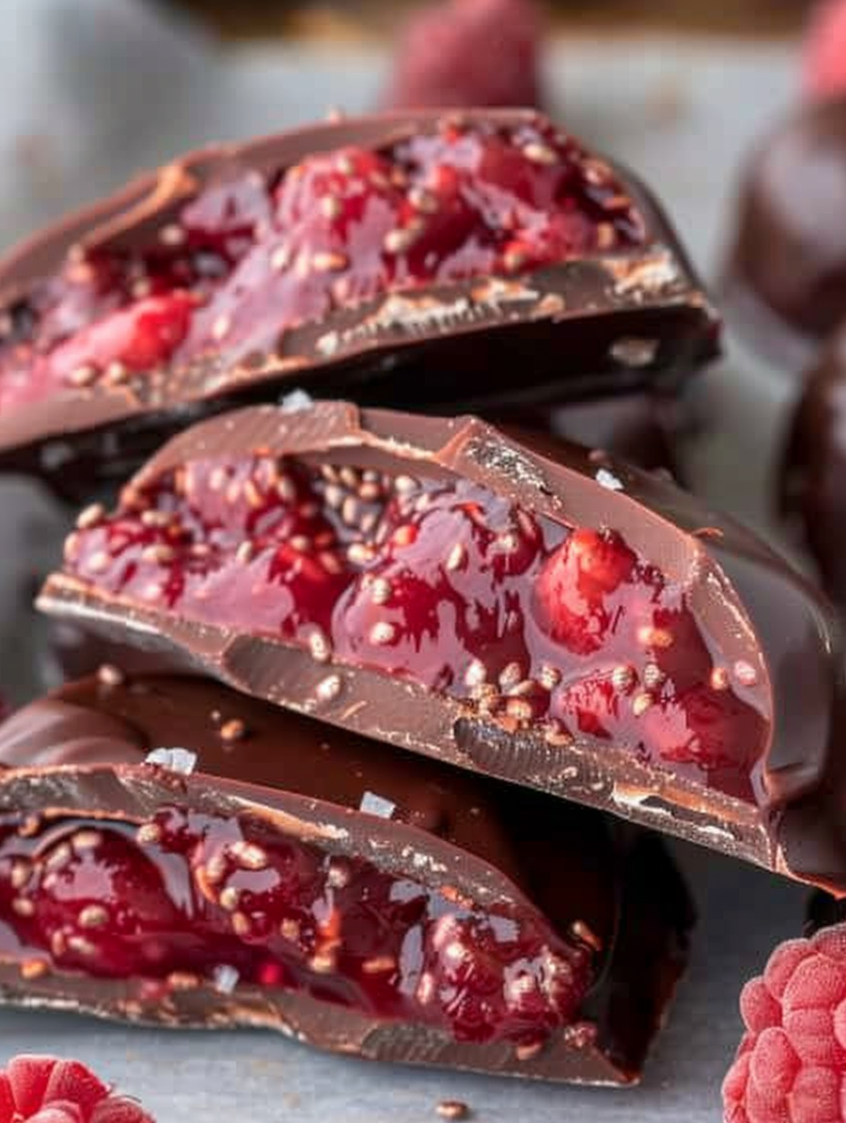 Chocolate dipped raspberry chia jam bites on parchment