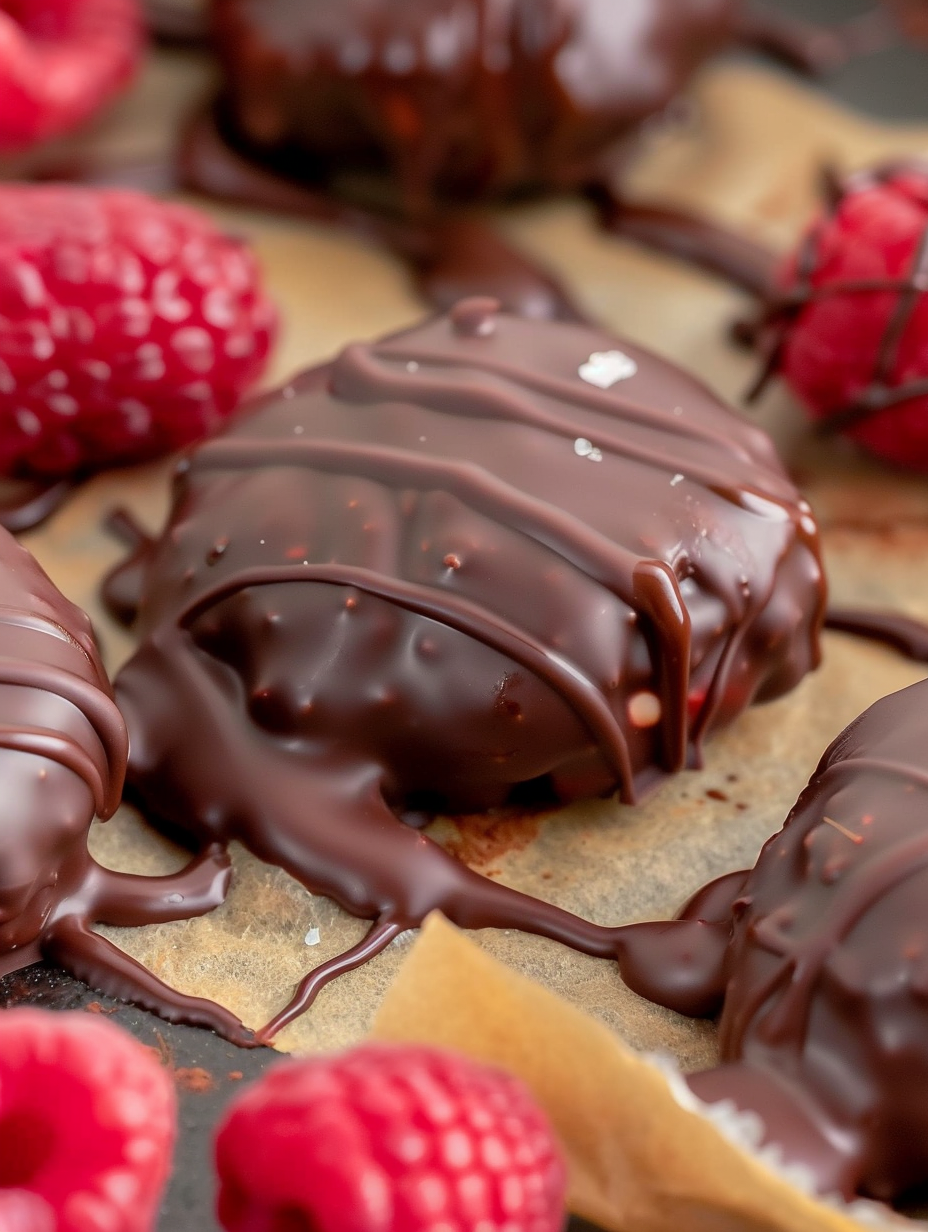Close up of a jam bite showing raspberry center and chocolate shell
