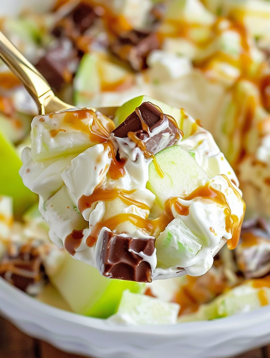 Bowl of Snickers apple salad with caramel drizzle