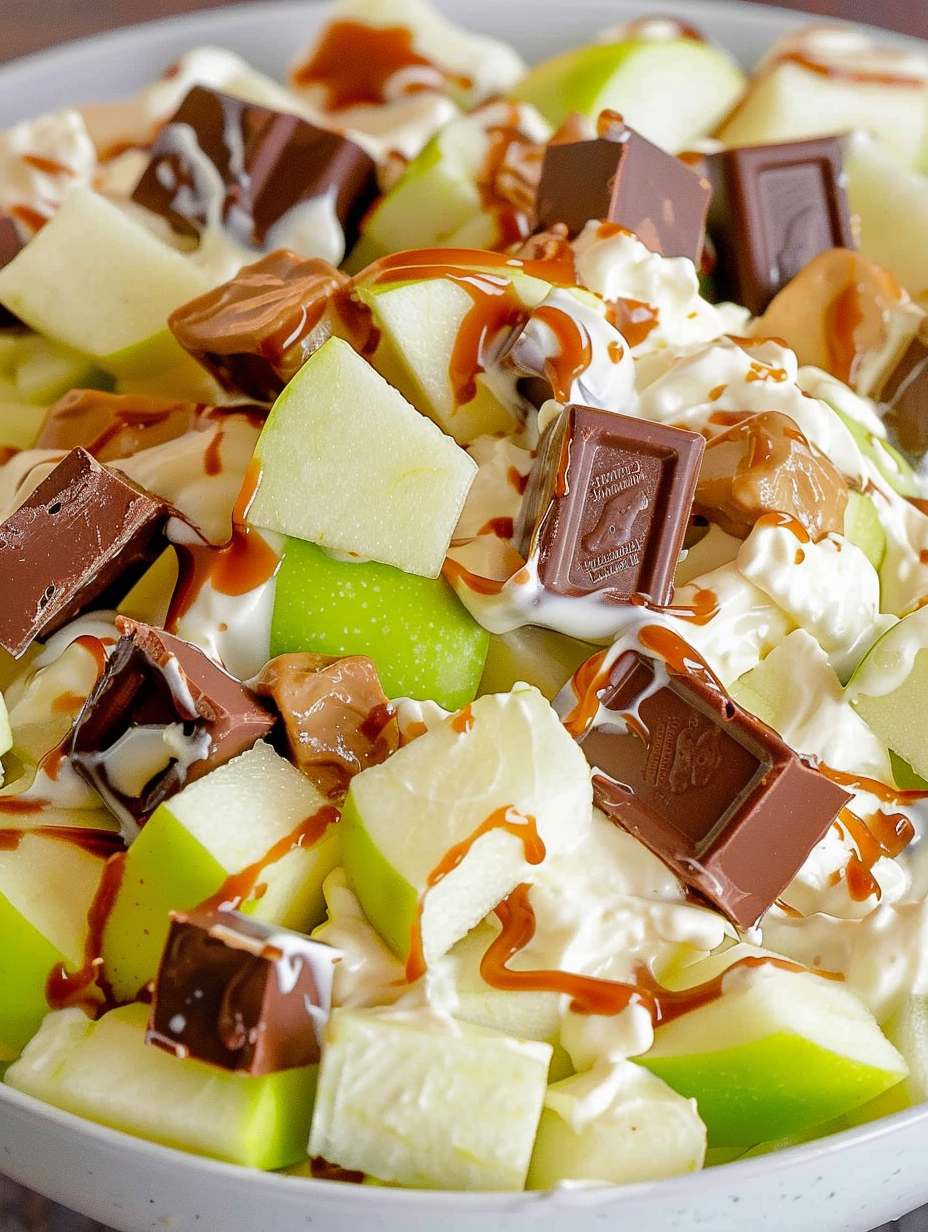 Chopped Snickers and apples ready to fold into pudding