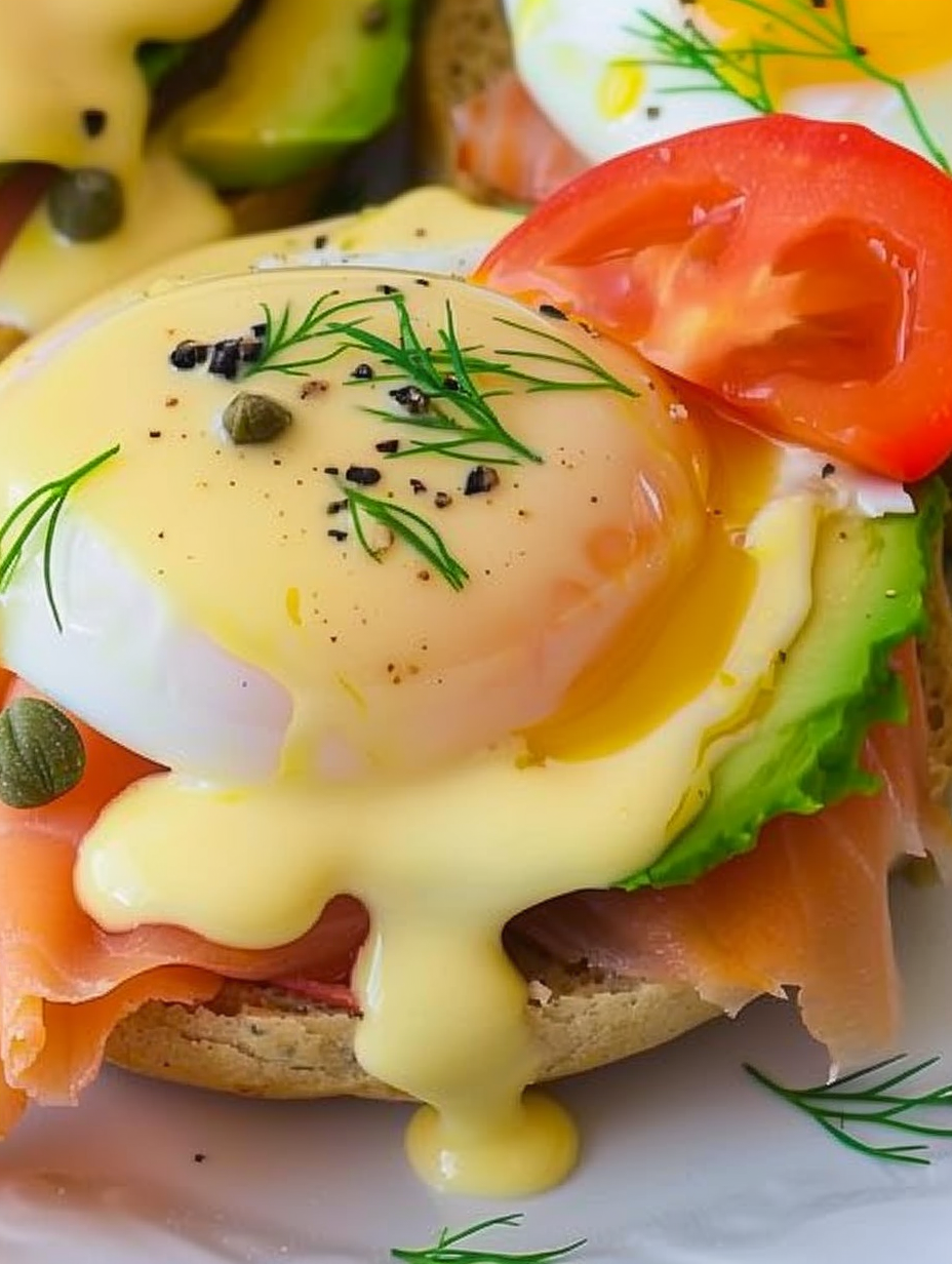 Smoked salmon eggs benedict on toasted English muffin