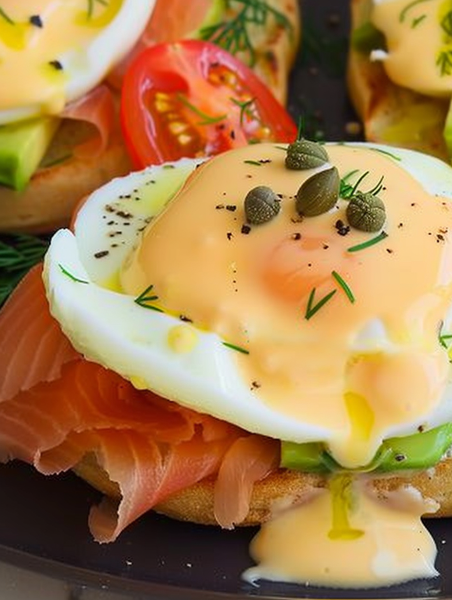 Close up of avocado and smoked salmon layers