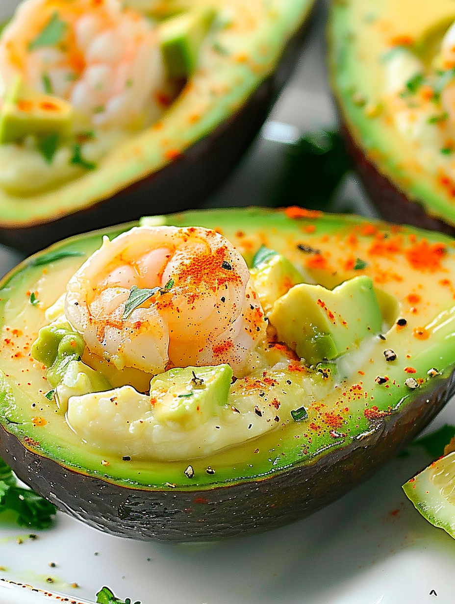 Baked shrimp stuffed avocados on a baking sheet