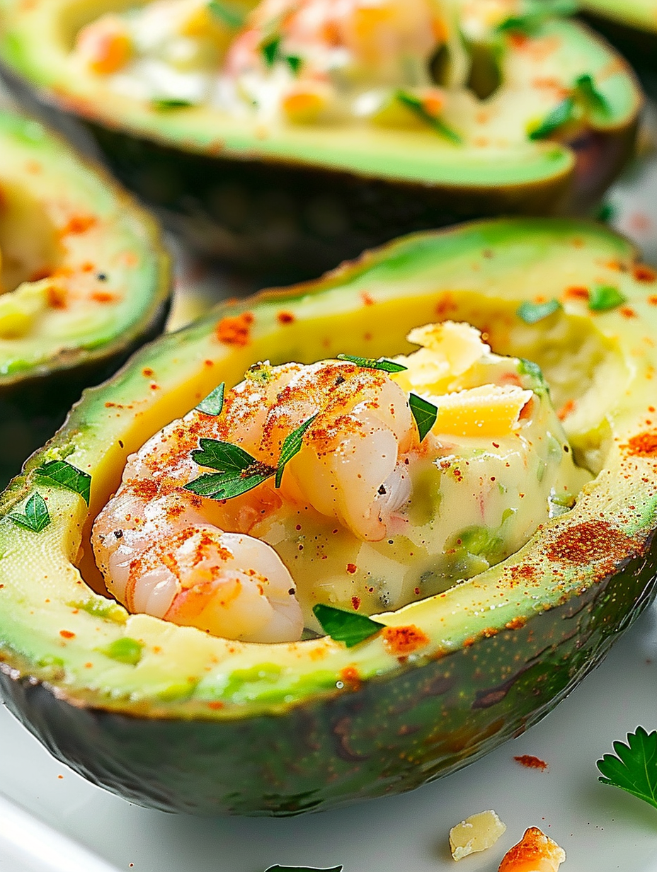 Close-up of cheesy baked shrimp and avocado halves