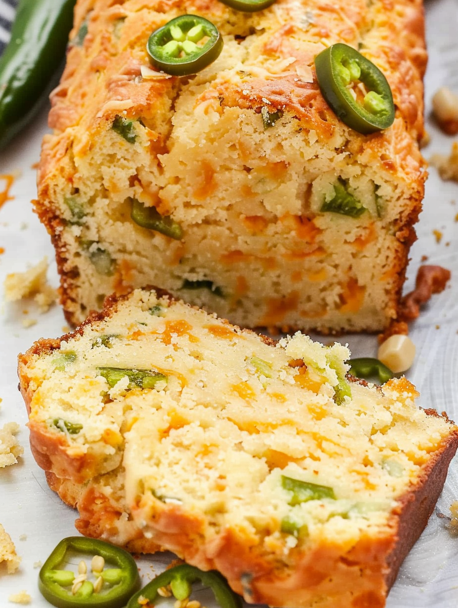Freshly baked jalapeño cheddar bread cooling on a rack