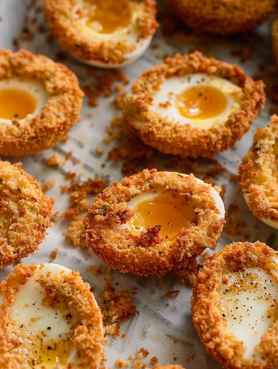 Breaded deviled eggs in air fryer basket