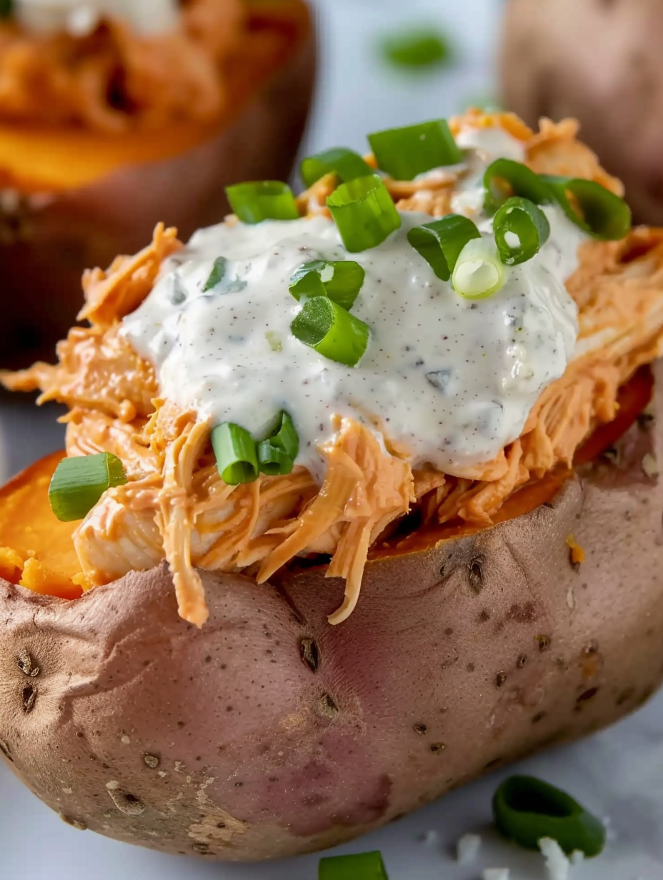 Stuffed Sweet Potatoes with Buffalo Chicken & Ranch