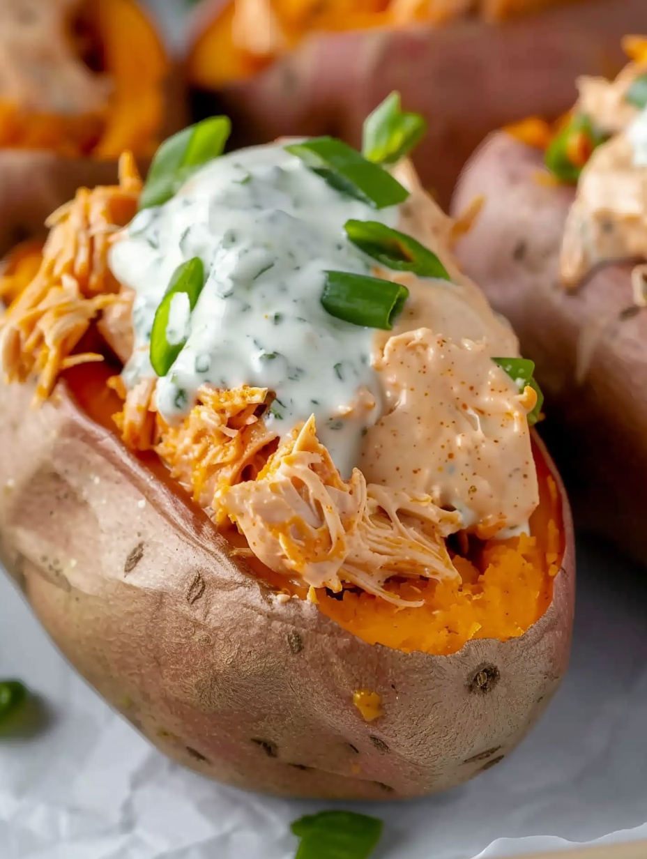 Shredded buffalo chicken being mixed with sauce in a bowl