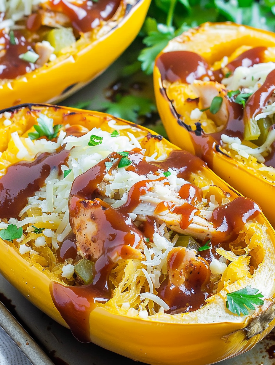 BBQ chicken stuffed spaghetti squash ready to bake