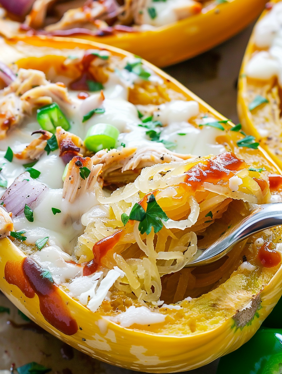 Close up of cheesy BBQ chicken on roasted squash strands
