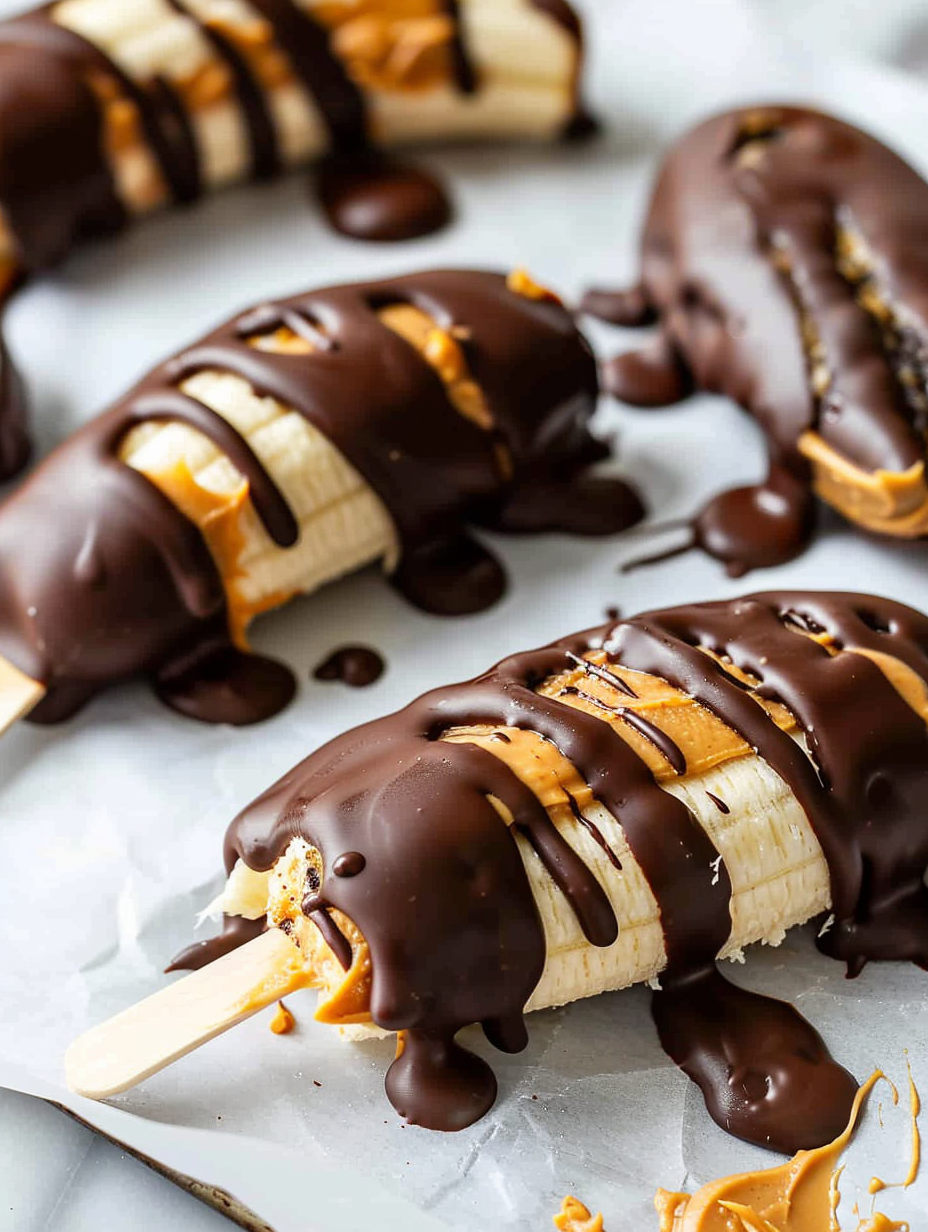 Chocolate covered frozen banana pops on a baking sheet