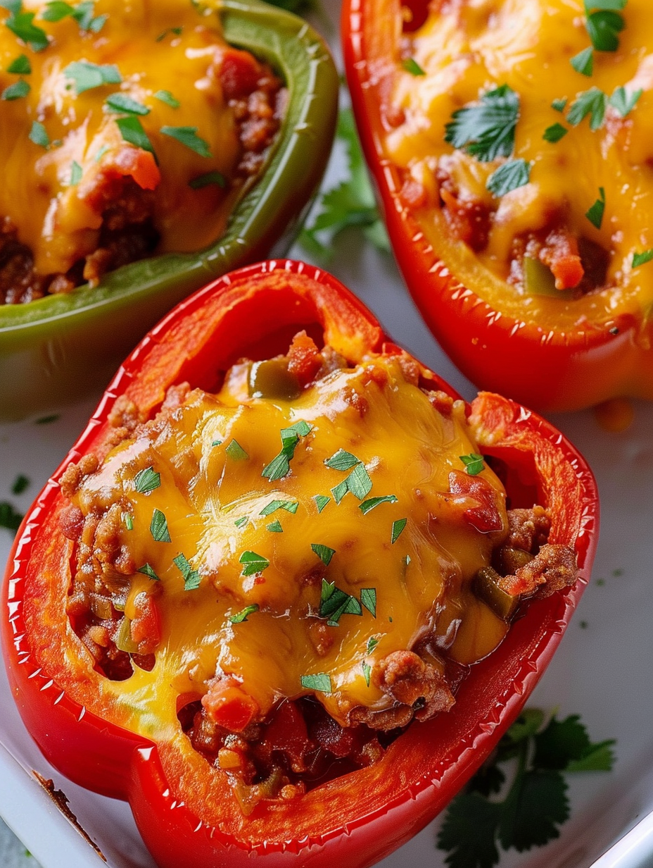 Close-up of cheesy Sloppy Joe filling in roasted pepper