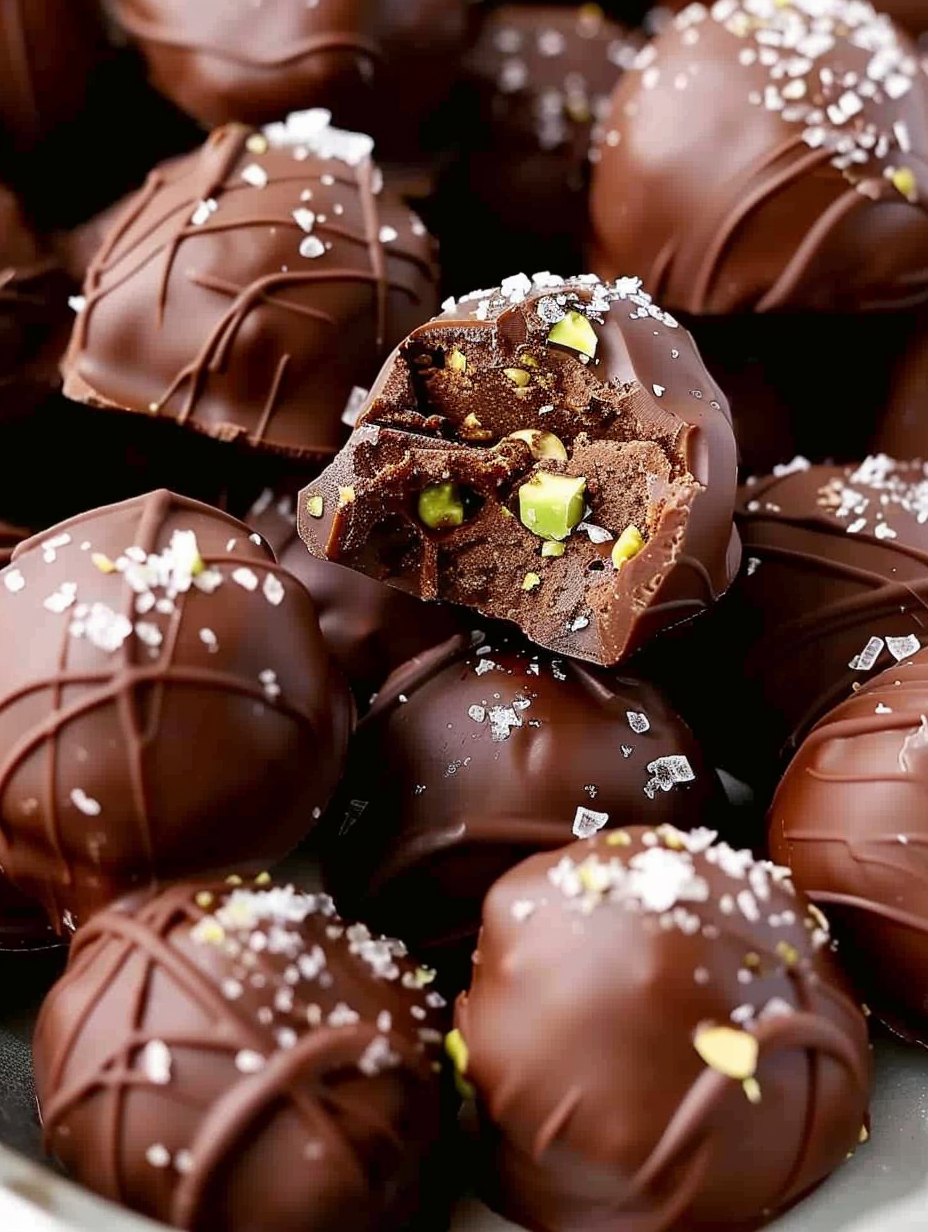 Chilled chocolate pistachio truffle centers on parchment