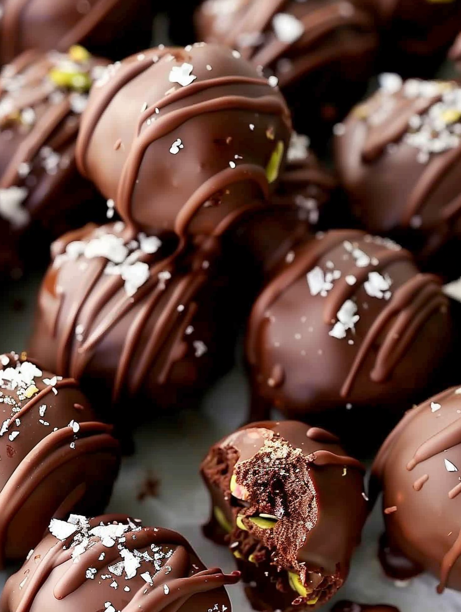 Finished chocolate truffles dusted with sea salt